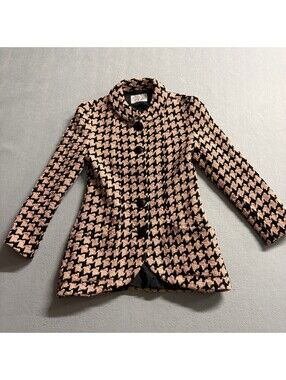 St Robe Sanyo Vintage Wool Blend Houndstooth Jacket Pink Black Tweed Coat Size